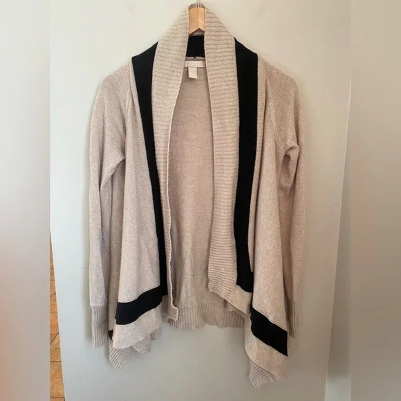 Banana Republic Open Front Cardigan Sweater Cream Black Small Merino Wool Blend - Picture 2 of 11